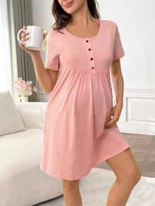 Moonlight&Mama Nursing Comfortable Soft Maternity Button Half-Front Short Sleeve Loungewear Dress - Dusty Pink - View 1