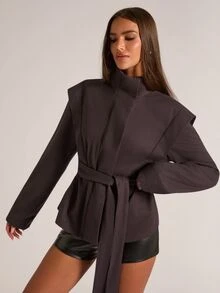 SHEIN BAE Women's Autumn/Winter Brown Herringbone Wool Vintage Fashion Commuter Long Sleeve Jacket, Suitable For Social Gatherings And Daily Commute - Brown - View 4