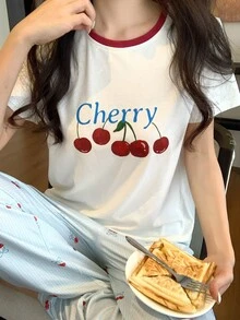 DAZY 2pcs/Set Women's Loose Short Sleeve Cherry Print Striped Long Pajama Pants Sleepwear Set - Multicolor - View 1