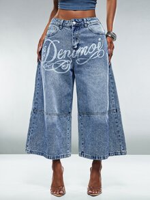 Denimoi Celana Jeans Denim Kasual Wanita untuk Perjalanan Sehari-hari dengan Saku, Kancing, dan Motif Huruf - Biru - View 3