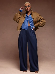 Vixey Fashion Commuter Solid Color Curved Leg Trousers, Office Work Wear, Business, Daily - Royal Blue - View 5