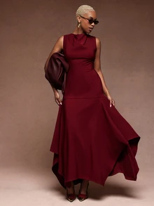 Vixey Women's Elegant Pleated Asymmetrical Hem Dress - Burgundy - View 1