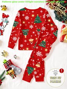 Young Girls Pajamas, New Autumn/Winter Christmas Element Hot-Selling Style, UV Light Glow-In-The-Dark Christmas Deer Head, Snowflake, Christmas Tree, Bell Combination Pattern, Round Neck High Elastic Top And All-Over Print Long Pants 2 Pieces Set, Snug Fit, 1 Set - Multicolor - View 2