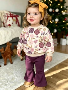 Baby Girl Autumn/Winter Cute Sweet Floral & Butterfly Print Long Sleeve Crew Neck Sweatshirt And Flared Pants 2 Pieces Set - Multicolor - View 1