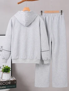 2pcs Teen Grey Jacket & Sweatpants Set With Graphic Print, Suitable For Autumn/Spring Outdoor Wear - Grey - View 2
