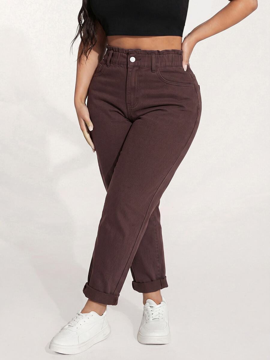 Jeanoix Celana Jeans Denim Saku Kancing Serbaguna untuk Ukuran Plus - Coklat - View 1