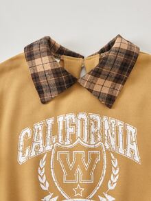 SHEIN 女童 2 件套 櫻桃字母印花襯衫領長袖衛衣 格紋百褶裙套裝 秋季 7 歲生日 白色棕色 - 棕色 - 查看 4