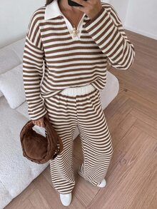 Strévra Women's Striped Colorblock Long Sleeve Top And Pants 2 Pieces Set Fall - Brown - View 6