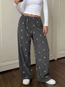 Livesso Women's Fashion Embroidered Pleated Loose Long Pants For Daily Wear - Dark Grey - View 7