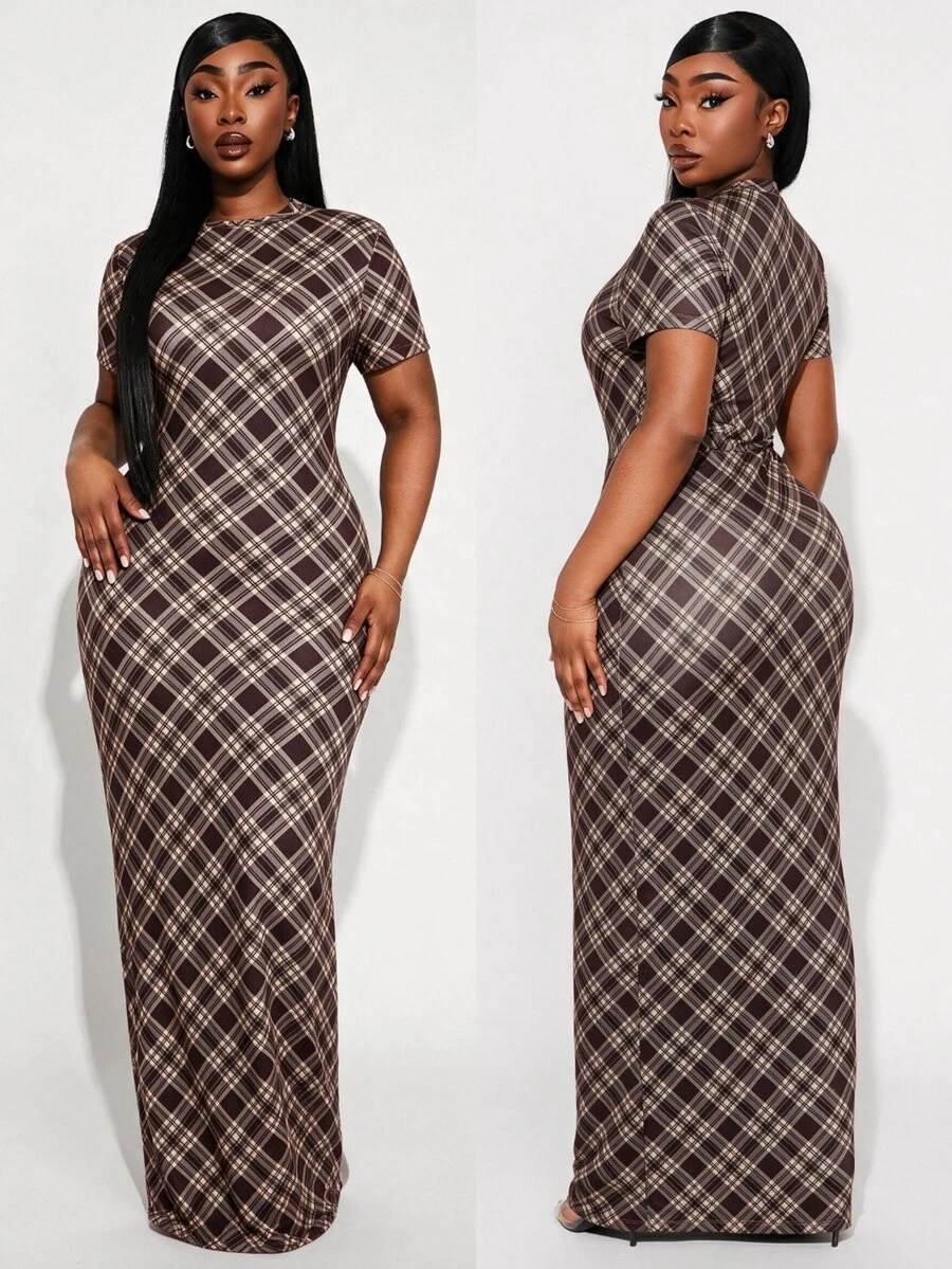Radiana Plus Size Women's Plaid Casual Daily Summer Dress - Brown - View 1