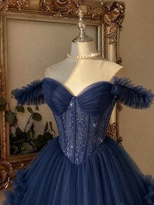 Lovelzi Women's Ruffle Mesh Ruffle Waist Sequin Design Glamorous Ball Gown Dress - Navy Blue - View 3
