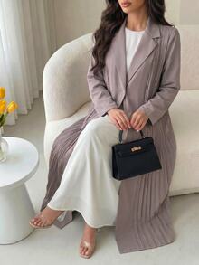 Al Najma Plus Size Women Solid Color Lapel Neck Pleated Hem Abaya - Grey - View 5