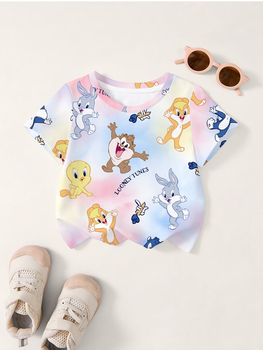 LOONEY TUNES X SHEIN Baby Girl Cartoon Print Round Neck Short Sleeve Top - White - View 1