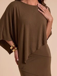 Bluhae Women's Autumn/Winter Solid Color Asymmetric Hem Top And Mermaid Skirt Elegant Set - Coffee Brown - View 3