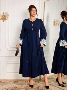 Modelyn Elegant Solid Color Knit Round Neck Long Sleeve Contrast Cuff Lace Trim Cinched Waist A-Line Regular Fit Plus Size Dress For Spring And Autumn - Navy Blue - View 4