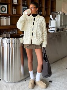 Muchica Women's Autumn New Apricot Cable Knit Frog Button Design Loose Cardigan - Apricot - View 3