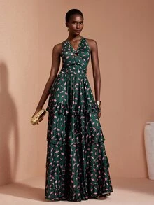 JIAN LASALA Knit Sleeveless O-Ring Halter Neckline Multi Ruffle Layers Ruched Long Dress Elegant - Multicolor - View 3