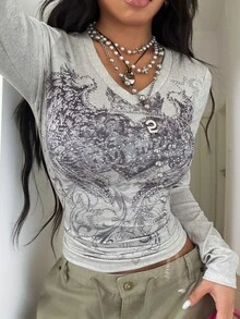 StreetHx Women's Grey Fine Ribbed Punk Vintage Print V-Neck Long Sleeve T-Shirt - Grey - View 4