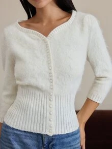 COSMINA Women's Square Neck Cardigan Sweater, 3/4 Sleeve Y2k Cream Knitwear - Cream - View 1