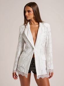 SHEIN BAE Women's New Chinese Style Stand Collar Brown Striped Long Sleeve Blazer, Suitable For Social Events And Office Commute - White - View 4