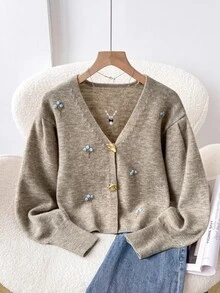 Feyla Plus Size Embroidered Metal Button Long Sleeve Knit Cardigan - Khaki - View 4