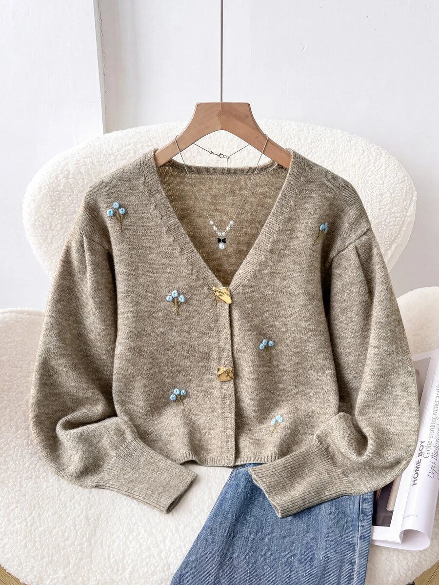 Feyla Plus Size Embroidered Metal Button Long Sleeve Knit Cardigan - Khaki - View 1