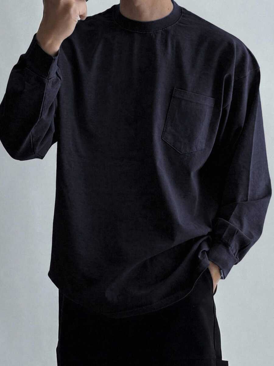 DAZY 男士長袖薄款春秋灰色T恤,袖口收口設計,附胸前口袋 - 藏蓝色 - 查看 1