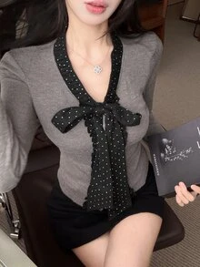 DAZY Grey V-Neck Polka Dot Tie Bow Frill Trim Long Sleeve Slim Fit Women's Knit Sweater, Versatile For Daily Wear Fall - Grey - View 5