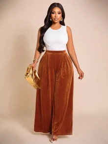 Brilight Wide Leg Pants Front Pleated Split Flowy Palazzo Trousers For Autumn Commute Dinner Party Streetwear - Gold - View 3