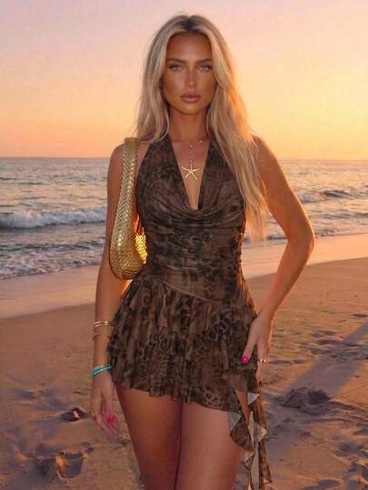 Aloruh Women's Leopard Print Pleated Fashion Date Party Mini Dress