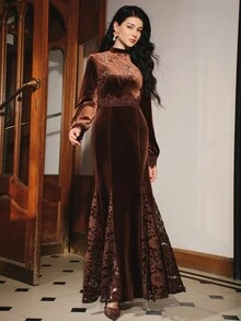 Anewsta Women's Elegant Long Sleeve Contrast Lace Trim Dress, Elegant Wedding Guest Party Dress, Velvet Beaded High Neck Elegant Dress - Bronze - View 4