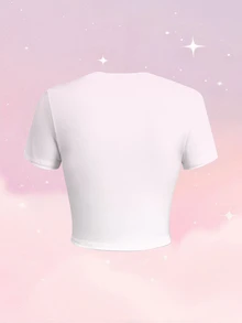 SHEIN X Care Bears 女款夏季休閒卡通印花修身短版T恤 - 白色 - 查看 2