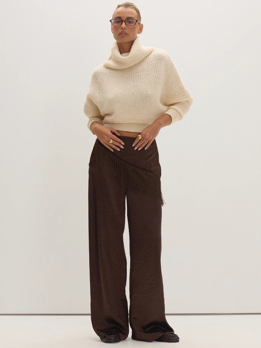 MUSEYN Brown Satin Tassel Layered Detail Trousers Date Night Timeless New Season Fall - Rust Brown - View 1