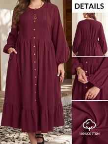 EMERY ROSE Plus Size Burgundy Ruched Button Front Ruffle Round Neck Long Sleeve Dress Fall Winter 2026 - Burgundy - View 1