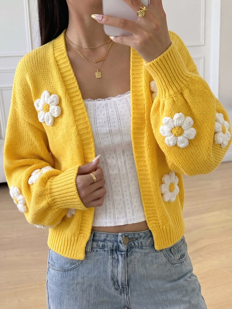 SHEIN 青少年女孩秋冬休閒優雅黃色可愛3D鉤針花朵裝飾針織開襟外套，秋冬穿搭，適合返校與日常穿著 - 黃色 - 查看 1