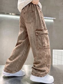青少年男孩休閒水洗工裝弧形腿牛仔褲 - 卡其色 - 查看 5