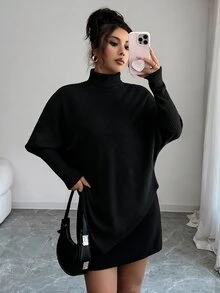 Elenzga 優雅設計不對稱捲邊仿針織紋理羅紋高領時尚百搭女款打底T恤 - 黑色 - 查看 6