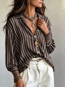 SHEIN 女款復古咖啡棕條紋翻領寬鬆長袖襯衫，垂墜休閒度假通勤百搭上衣 - 棕色 - 查看 3