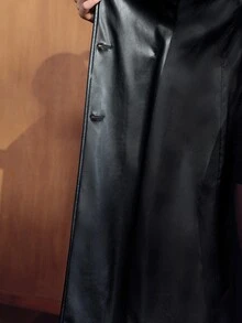 MOTF PREMIUM WOMEN'S COLORBLOCK PU LEATHER FASHION VERSATILE DAILY CASUAL TRENCH COAT JACKET - Black - View 9