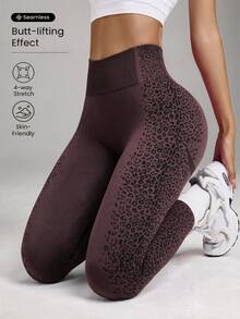 SHEIN BamGlam Coffee Brown Leopard Print Seamless Yoga, Running, Sports Leggings - Coffee Brown - View 1