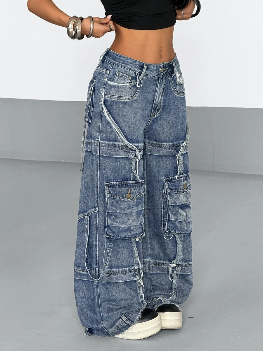 StreetHx Women's Fashion Washed Cargo Denim Jeans - Blue - View 1
