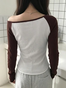 DAZY Women's Asymmetric Shoulder Colorblock Long Sleeve Korean Style Fresh Girly Sweater - Coffee Brown - View 2