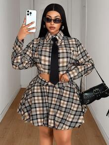 Maweii 女款學院風條紋襯衫與花苞迷你裙套裝，2件套含領結與短版上衣，秋季款 - 杏色 - 查看 6