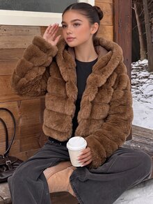 1pc Girls Soft Fuzzy Jacket, Elegant & Noble Long Sleeve Short Slim Fit Hooded Coat, Suitable For Autumn/Winter - Brown - View 3