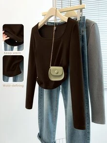 SHEIN Raffinéa 女款秋冬深棕色圓領長袖上衣，腰部抓皺修身保暖底層，時尚場合穿搭，適合日常通勤居家 - 棕色 - 查看 7
