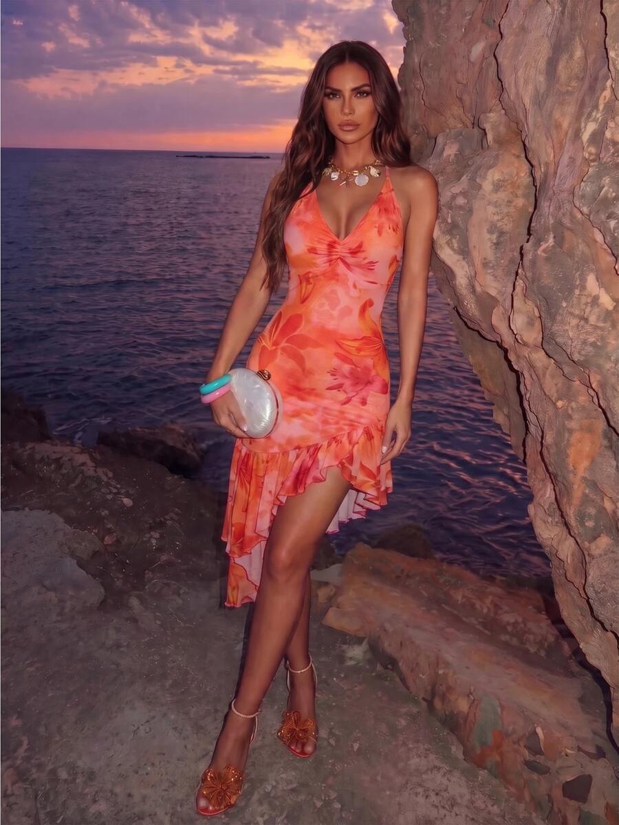 SHEIN Allurite Asymmetrical Hem Printed Halter Neck Women's Red Orange Vacation Dress Beach Vacation Vacation Summer Sexy Tropical Tropical - Red - View 1