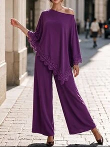 Editum Women's Asymmetrical Lace Patchwork One-Shoulder Top And Loose Pants 2 Pieces Set - Purple - View 3