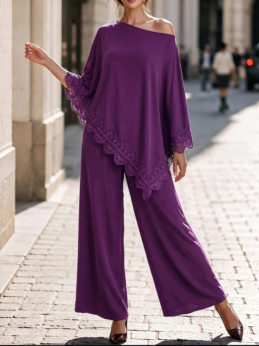 Editum Women's Asymmetrical Lace Patchwork One-Shoulder Top And Loose Pants 2 Pieces Set - Purple - View 1