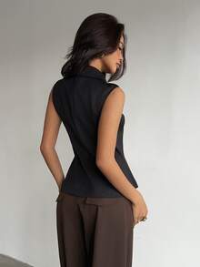FavEase Women's Solid Color Metal Single Button Casual Versatile Blazer Vest - Black - View 2