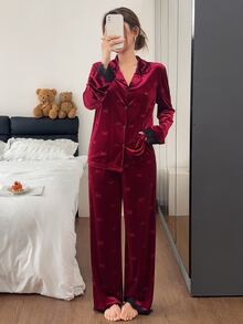 Napfluff Lace Trim Bow Jacquard Velvet Cardigan And Pants Women's Pajama Set Autumn/Winter Burgundy Pajama Set Comfortable And Elegant Detail Design - Burgundy - View 6